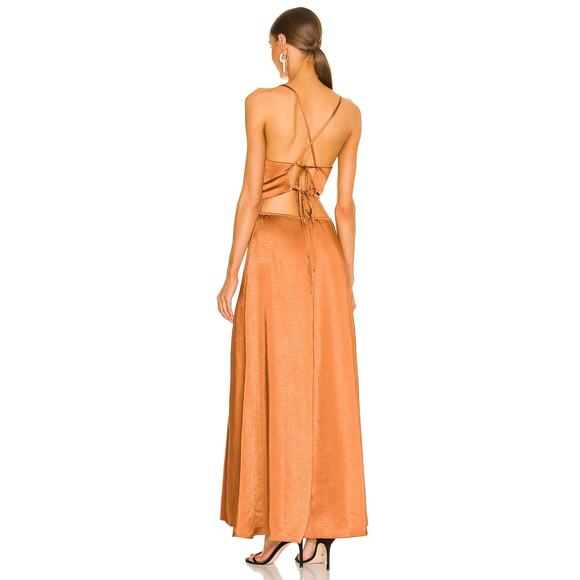 LPA Aniston Dress Hazelnut Satin Brown Maxi Ruched Ring Side Slit Sz S - Picture 3 of 12